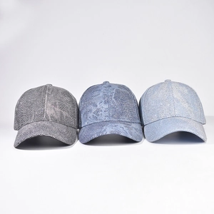 Sparkling rhinestone baseball caps in grey and blue denim styles for men and women