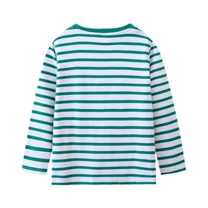 Green and white striped long-sleeve cotton T-shirt for boys with a classic crew neck