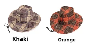 Detail of khaki and orange plaid cowboy hats with frayed edges and adjustable chin straps