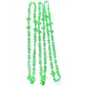 Detailed view of green St. Patrick's Day beaded necklace with shamrock and letter links
