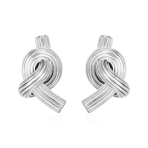 Silver twisted knot stud earrings in high-polished stainless steel for modern minimal style