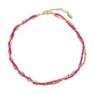 Double-layered beaded necklace with magenta stones and gold-plated hardware on white