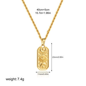 Detail of 18K gold pendant necklace with sun moon eye motifs and size specifications