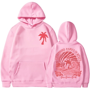 Détail du sweat à capuche rose avec imprimé Everything Comes In Waves et logo au dos