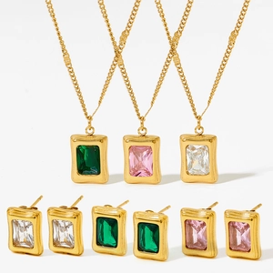 Vintage Gold Plated Stainless Steel Cubic Zirconia Necklace And Earrings Jewelry Square Geometric For Women