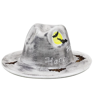 Chapeau Fedora Halloween gris vieilli avec motifs chauve-souris et lune pour fête