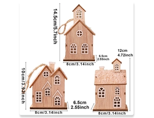 Detailed size chart for three types of wooden LED Christmas house ornaments in natural wood