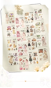 Detail of vintage French style planner stickers featuring hand-drawn figures and objects