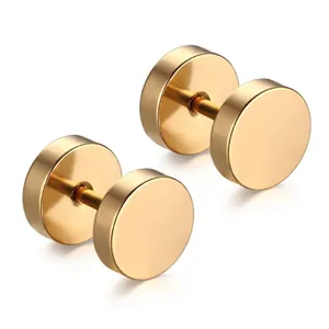 Polished gold stainless steel dumbbell stud earrings with a minimalist round geometric design