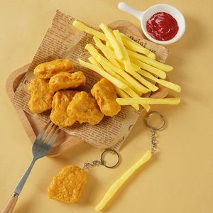 Realistic fried chicken nugget and French fries keychain with gold metal ring charm
