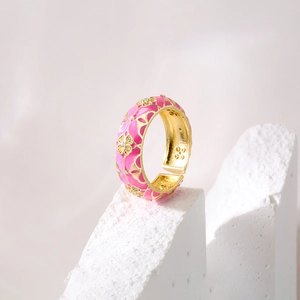 Bohemian 18K gold plated pink enamel floral open ring with sparkling zircon accents