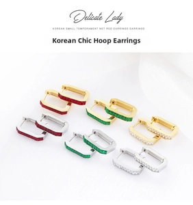 Detail view of rectangular stainless steel hoop earrings with colorful zircon inlay