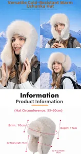 Detailed size chart of a warm winter trapper hat with grey fabric and beige faux fur