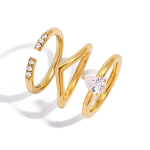 Luxurious gold spiral multi-layer ring with pear-cut zircon and adjustable open band