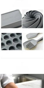 Detail of gray heat-resistant silicone baking set showing molds and tools from -40 to 230°C