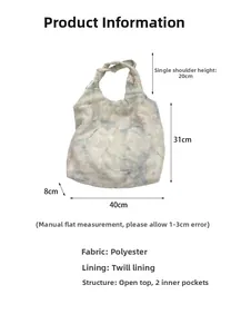 Detailed technical drawing of a beige tote bag with lavender bow print and size measurements