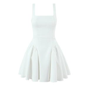 Women's white sleeveless mini dress with square neck and ruched details for summer fashion