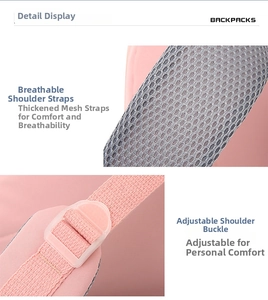 Detail of breathable padded mesh straps and adjustable plastic buckle on pink backpack