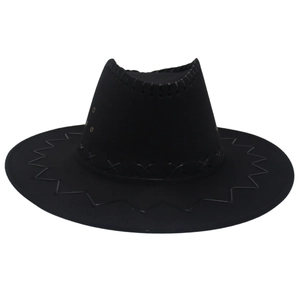 Detail of black faux suede cowboy hat with zigzag stitching and X-woven band accents