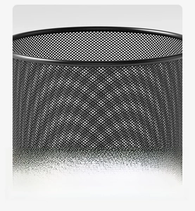 Detail view of reinforced rounded rim and mesh texture on black metal waste basket