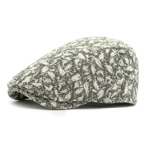 British style grey leaf pattern beret newsboy cap for men and women on white background