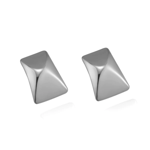 Macro shot of silver geometric square stud earrings with a polished metallic finish