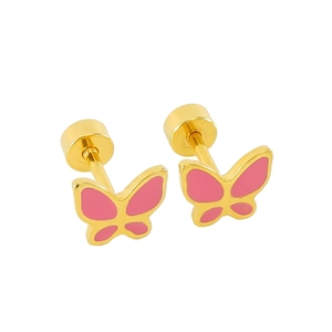 Fashionable golden butterfly stud earrings with pink enamel inlay and screw backs