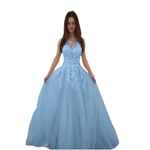 Detail of light blue sleeveless lace bodice with multi-layer mesh tulle long dress skirt