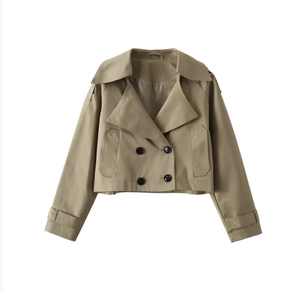 Classic khaki double-breasted cropped trench coat with lapels and sleeve buckle details