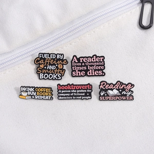 5pcs Book and Coffee Enamel Pins set for book lovers with reading quotes on canvas bag