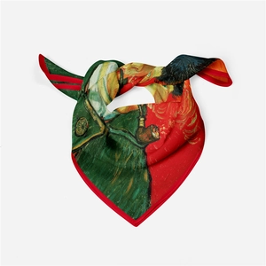 Detailed close-up of Van Gogh portrait silk scarf with elegant red borders on white background