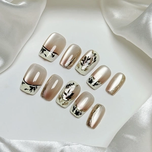 Handmade Press On Nails Oriental Bamboo Leaf Design French Cat Eye ABS Plastic False Nails Set For Women Beauty Jewelry