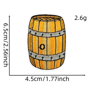 Detailed view of beer barrel embroidery patch with dimensions 6.5cm by 4.5cm