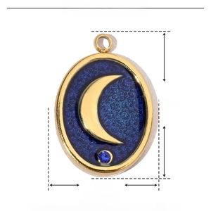 Detailed size parameters of the gold crescent moon pendant with blue enamel and rhinestone