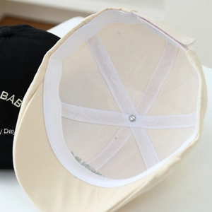 Close-up of the inner construction of a cotton duckbill cap with reinforced stitching