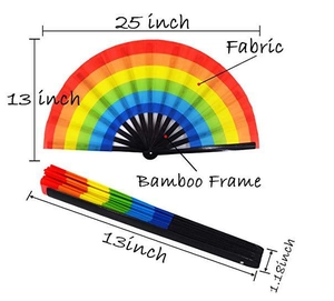 Detailed dimensions of the rainbow folding fan with bamboo frame and fabric material
