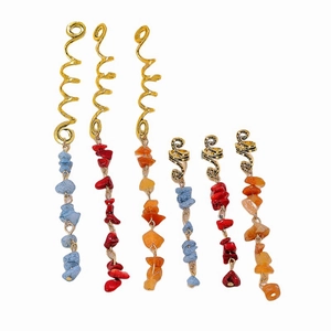 6pcs gold dreadlock jewelry set with natural stones in blue, red and orange colors