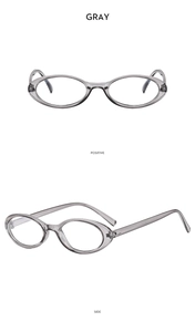 Front and side views of gray transparent oval frames for vintage optical glasses