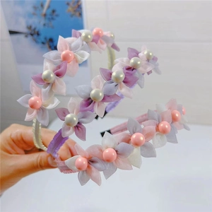 Baby Girls Elastic Flower Headbands Chiffon Mesh Floral Hair Bands With Faux Artificial Pearl Soft Fabric For Infants Toddlers