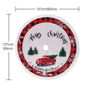 50 inch burlap Christmas tree skirt with red truck print and fringe border design