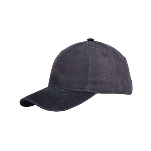 Close-up of a dark grey washed denim baseball cap with six-panel design on white background