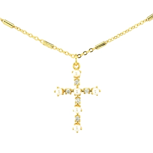 Elegante goldene Kreuzkette mit Perlen- und Diamanteinlagen an einer feinen Gliederkette