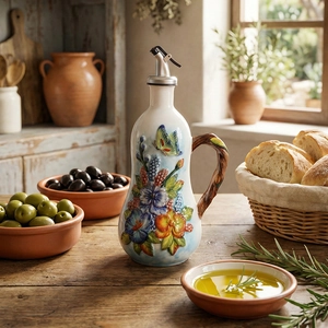 Detalle de la botella de aceite de cerámica mediterránea con relieves florales y boquilla