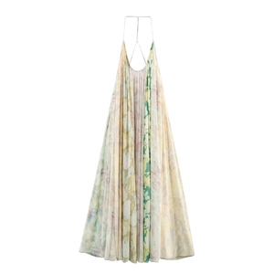 Abito Maxi Con Stampa Floreale Allacciato Al Collo Poliestere Pieghettato Senza Schienale Scollo A V Elegante Estate Vacanza
