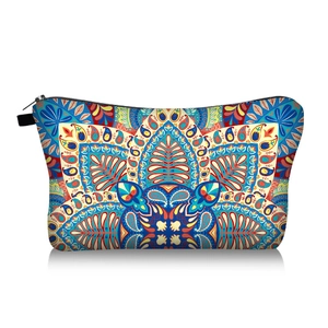Front view of mandala pattern cosmetic bag with vibrant blue and red floral prints