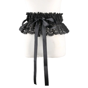 Close-up of black lace waist cincher featuring a satin ribbon bow and scalloped edges