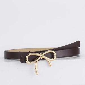 Slim dark brown PU leather belt for women featuring a polished gold bow buckle closure
