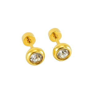 Macro detail of gold-plated stud earrings with round cubic zirconia and screw back