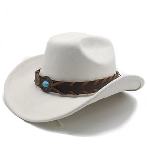 Macro detail of ivory faux suede cowboy hat featuring a braided leather band and turquoise stone