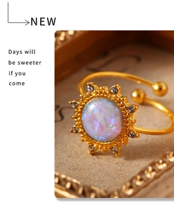 Macro view of gold sunburst opal ring with sparkling zircon detail on vintage paper